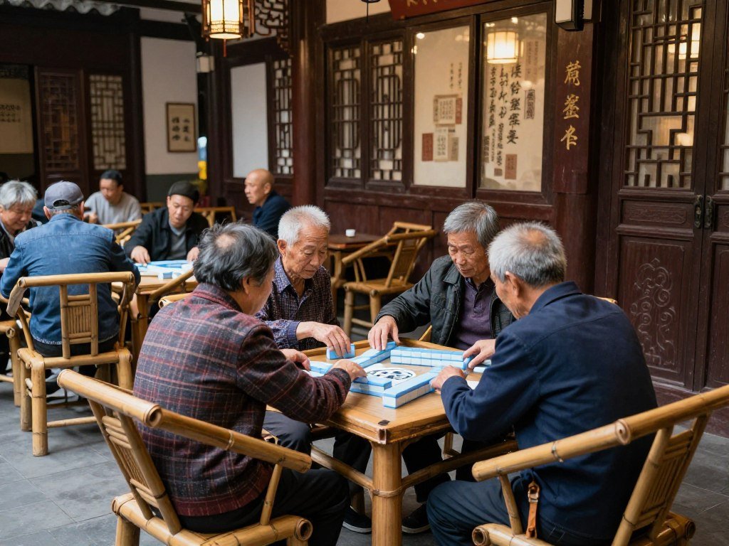 Traditional Chengdu teahouse with locals playing mahjong and drinking tea