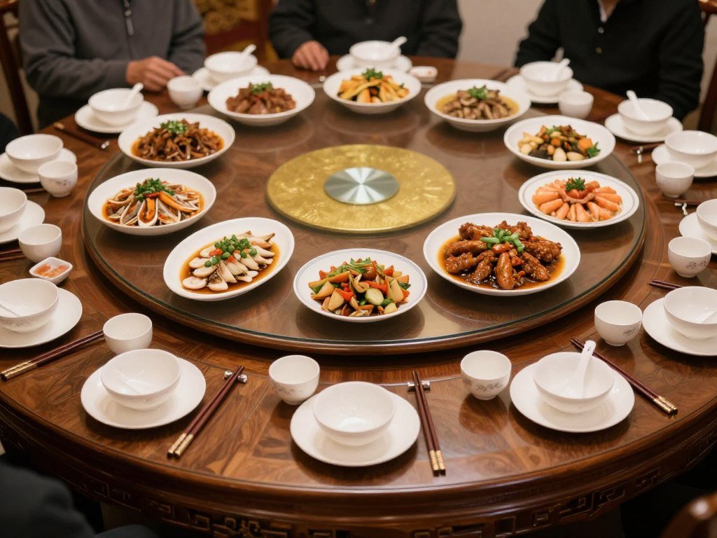 Traditional Chinese dining table setup with chopsticks and dishes Traditional Chinese dining table setup with chopsticks and dishes