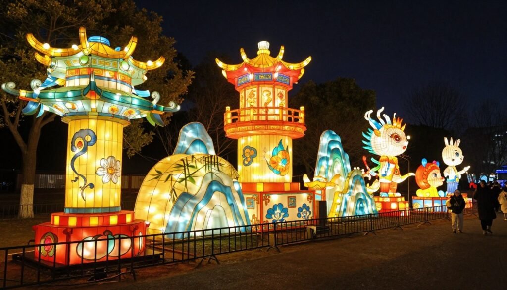 Traditional Chinese lanterns illuminated at night festival Traditional Chinese lanterns illuminated at night festival