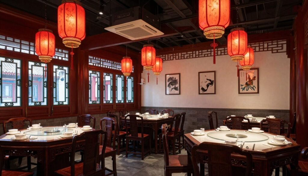 Traditional Chinese restaurant interior with red lanterns and wooden furniture Traditional Chinese restaurant interior with red lanterns and wooden furniture
