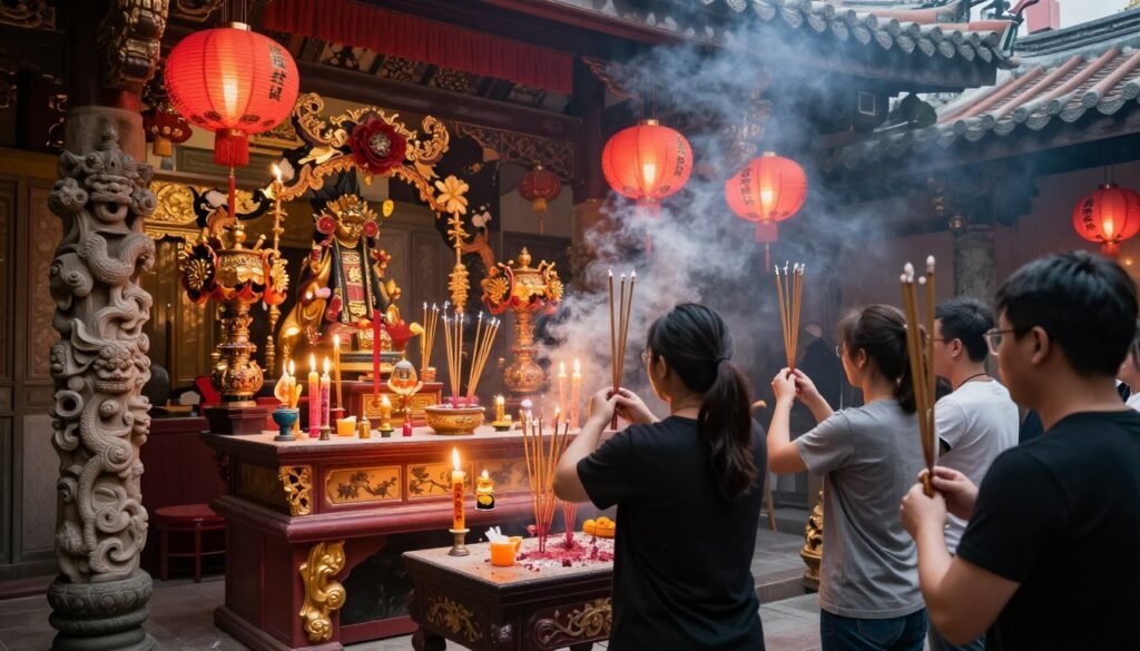 Traditional Chinese temple ceremony with incense and worshippers Traditional Chinese temple ceremony with incense and worshippers