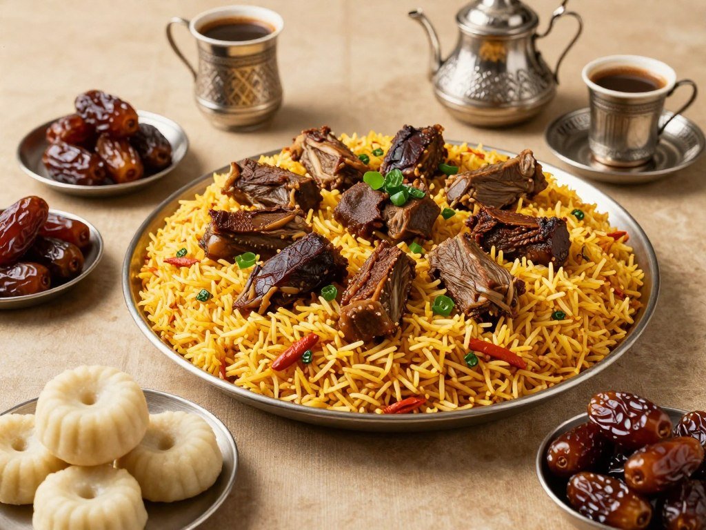 Traditional Emirati dishes including machboos and luqaimat Traditional Emirati dishes including machboos and luqaimat