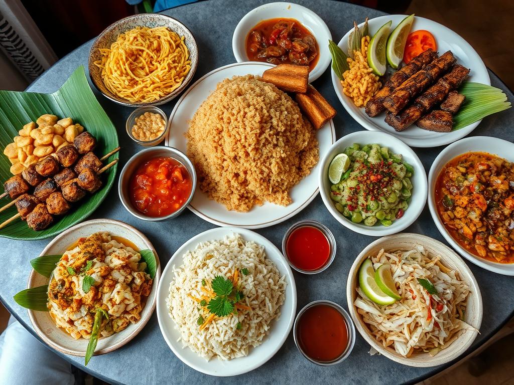 Traditional Indonesian food spread with various dishes including nasi goreng, satay, and rendang - Indonesia travel guide
