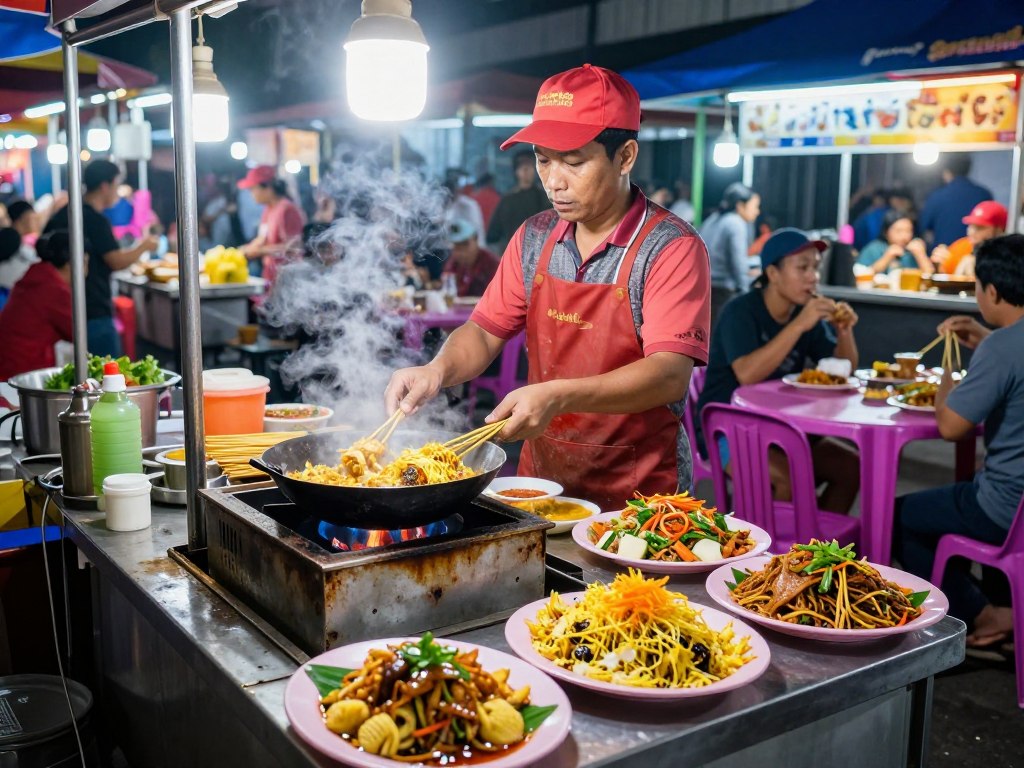 Traditional Indonesian street food being prepared at night market