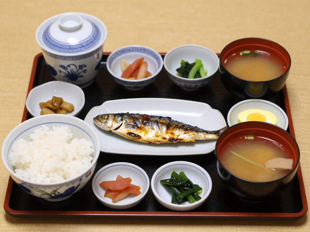 Traditional Japanese breakfast spread with grilled fish, rice, miso soup and side dishes Traditional Japanese breakfast spread with grilled fish, rice, miso soup and side dishes