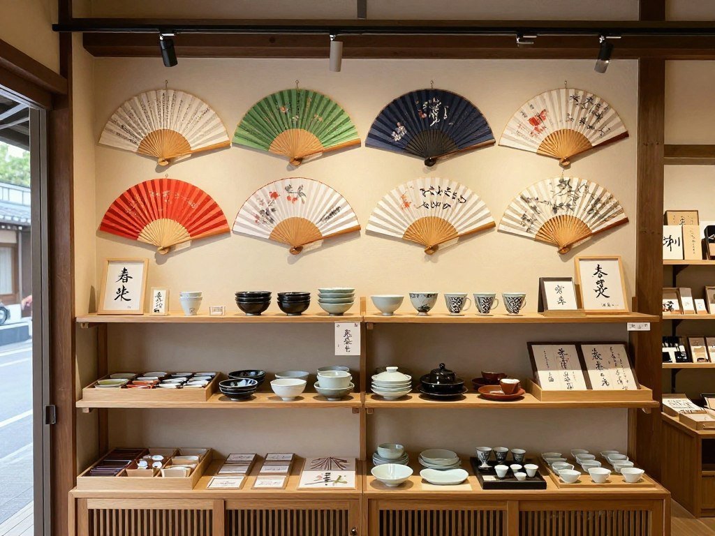 Traditional Japanese craft shop displaying folding fans, ceramics and handmade items Traditional Japanese craft shop displaying folding fans, ceramics and handmade items