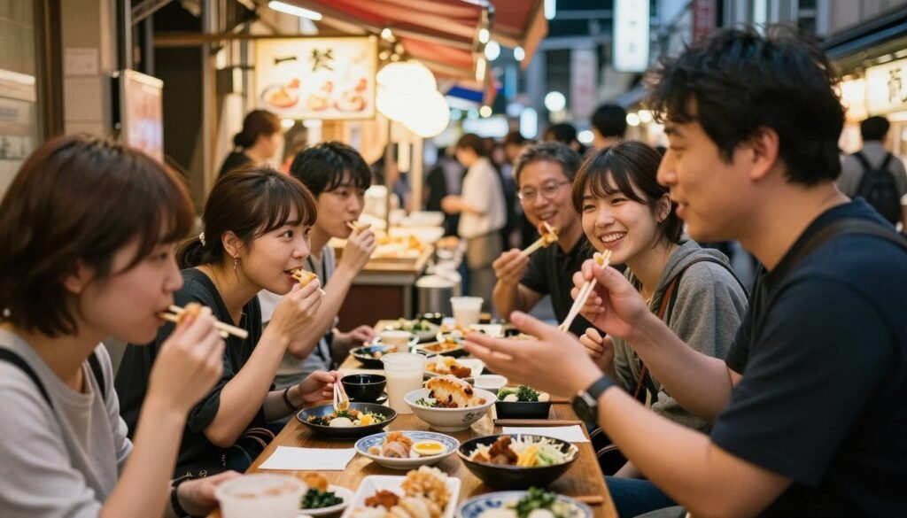 Traditional Japanese food tour group sampling local cuisine