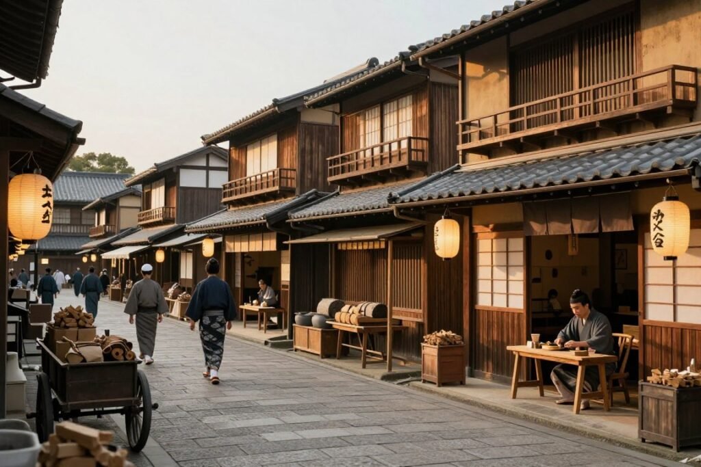 Traditional Japanese merchants in historic Osaka streets during Edo period recreation