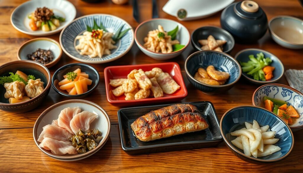 Traditional Japanese multi-course kaiseki meal with various small dishes beautifully presented
