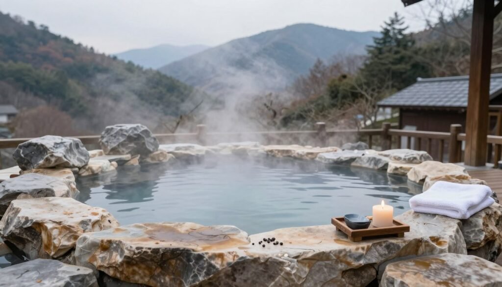 Traditional Japanese onsen bath with mountain view
