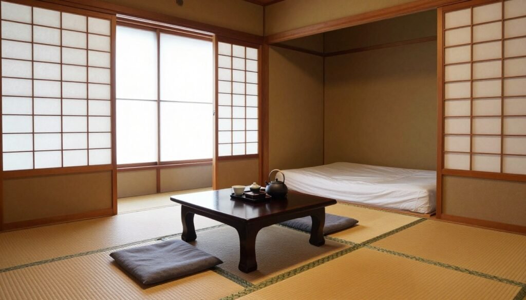Traditional Japanese ryokan room with tatami mats and futon bedding