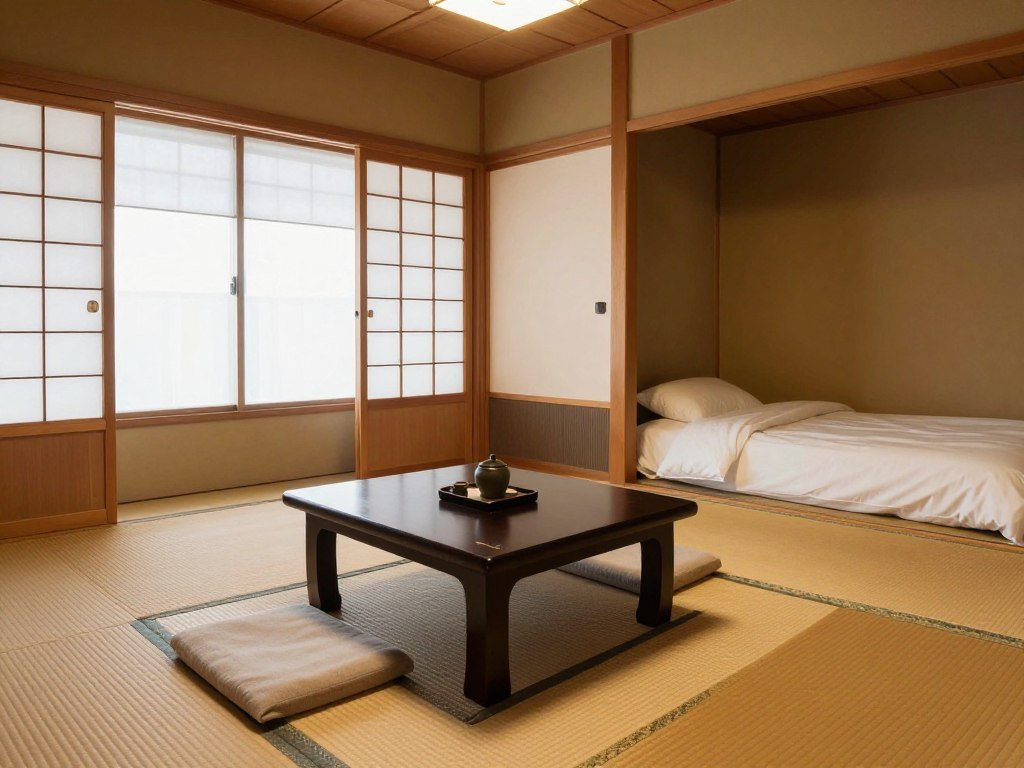 Traditional Japanese ryokan room with tatami mats