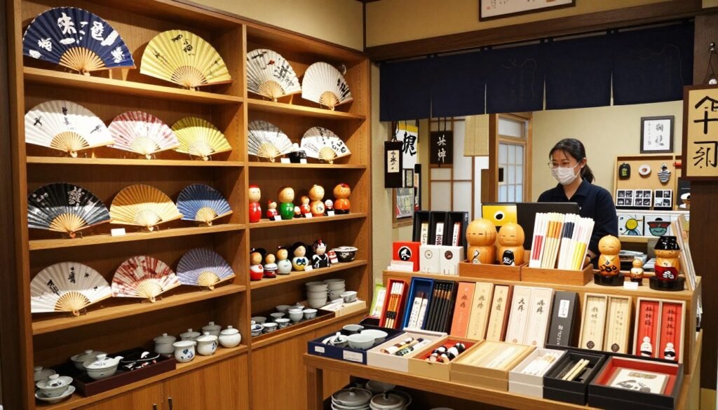 Traditional Japanese souvenirs and crafts display in Osaka shop