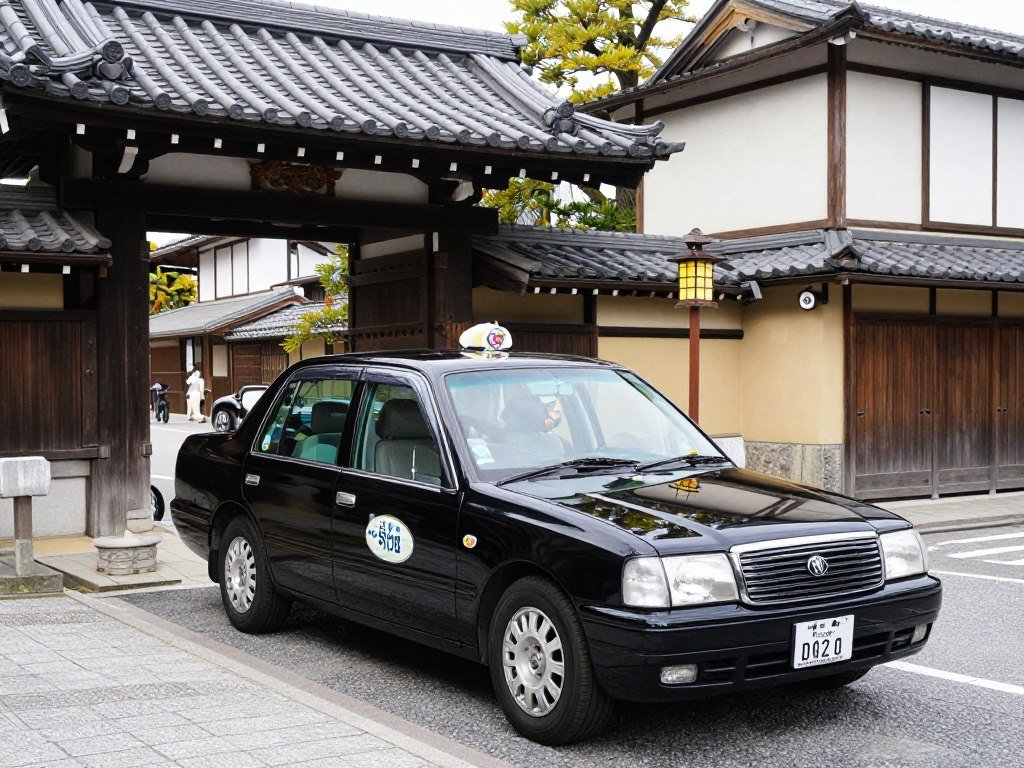 Traditional Japanese taxi on Kyoto street near historic district entrance Traditional Japanese taxi on Kyoto street near historic district entrance