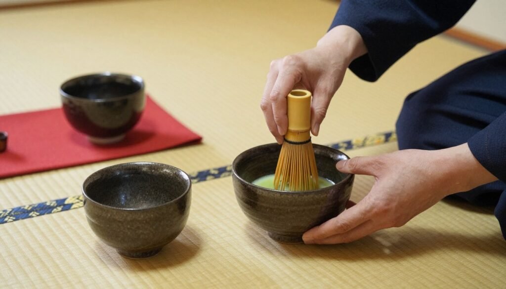 Traditional Japanese tea ceremony preparation with matcha tea bowl and whisk Traditional Japanese tea ceremony preparation with matcha tea bowl and whisk