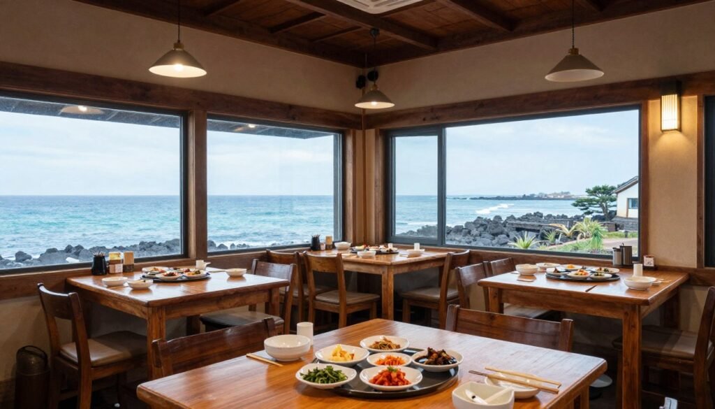 Traditional Jeju restaurant interior with ocean views