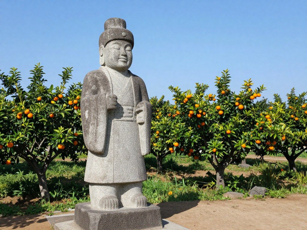 Traditional Jeju stone grandfather statue (dol hareubang) with orange grove in background