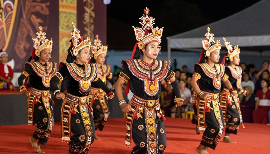 Traditional Kadazan-Dusun cultural dancers in colorful costumes performing
