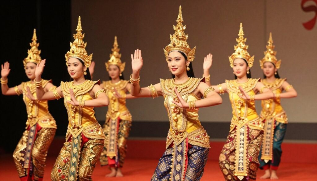 Traditional Khmer apsara dancers in ornate costumes performing