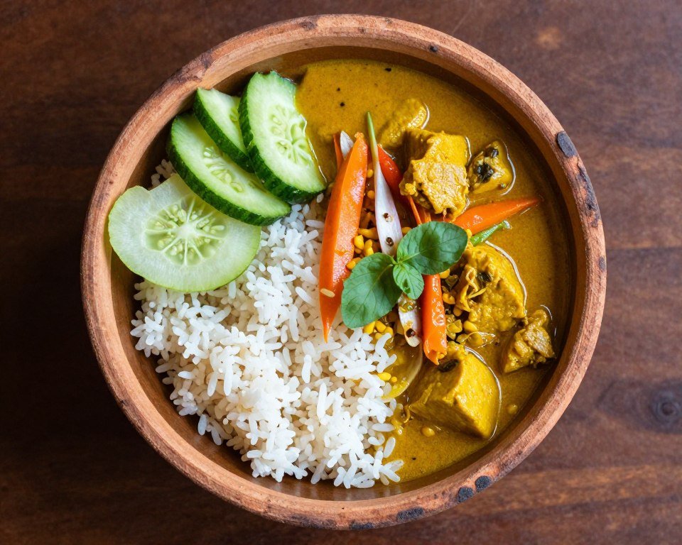 Traditional Khmer curry dish with rice and vegetables Traditional Khmer curry dish with rice and vegetables