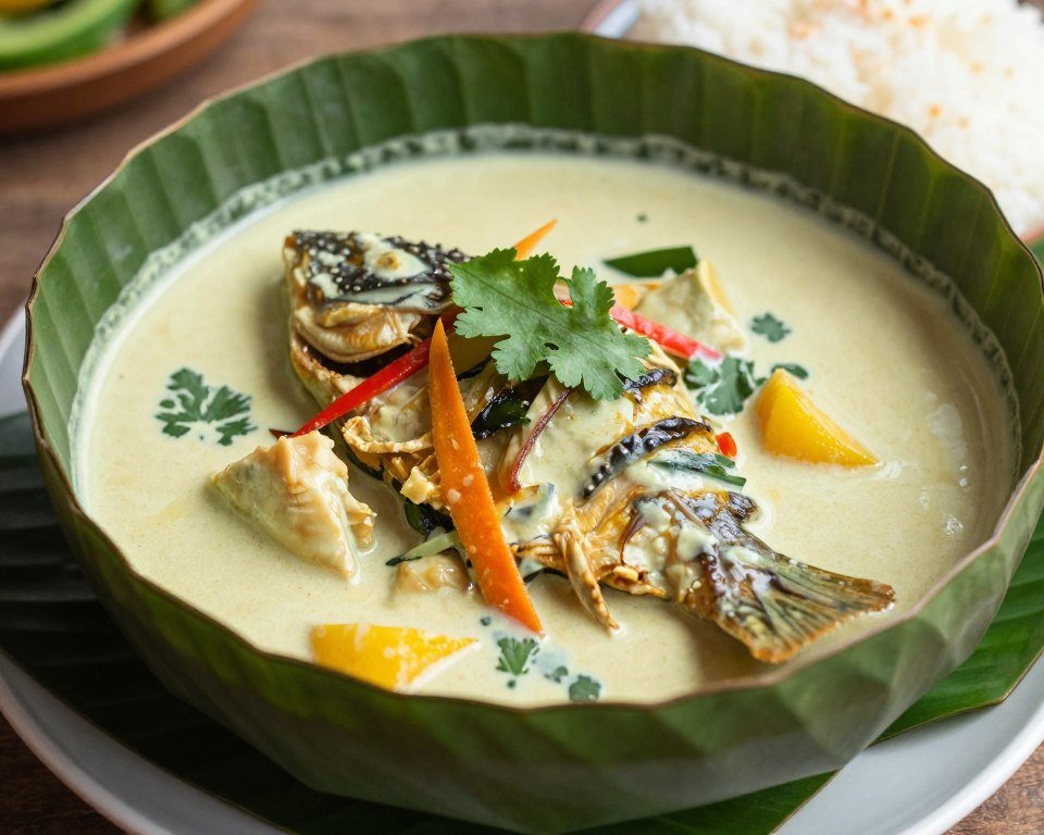 Traditional Khmer fish amok curry served in banana leaf