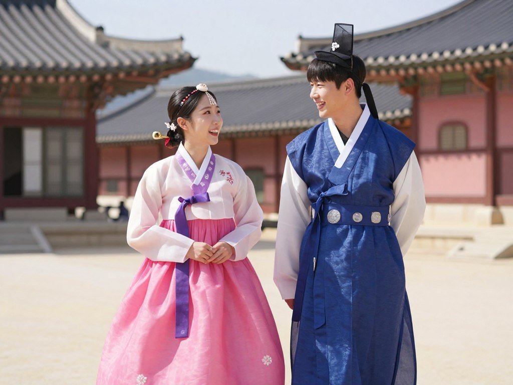 Traditional Korean hanbok clothing worn by tourists at palace