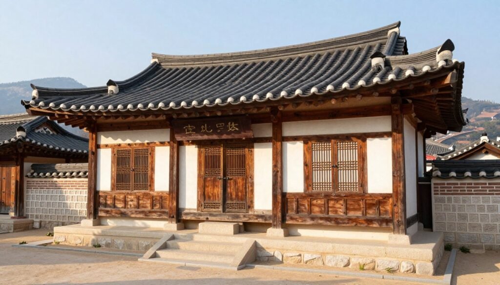 Traditional Korean hanok guesthouse exterior with tiled roof in Bukchon Hanok Village