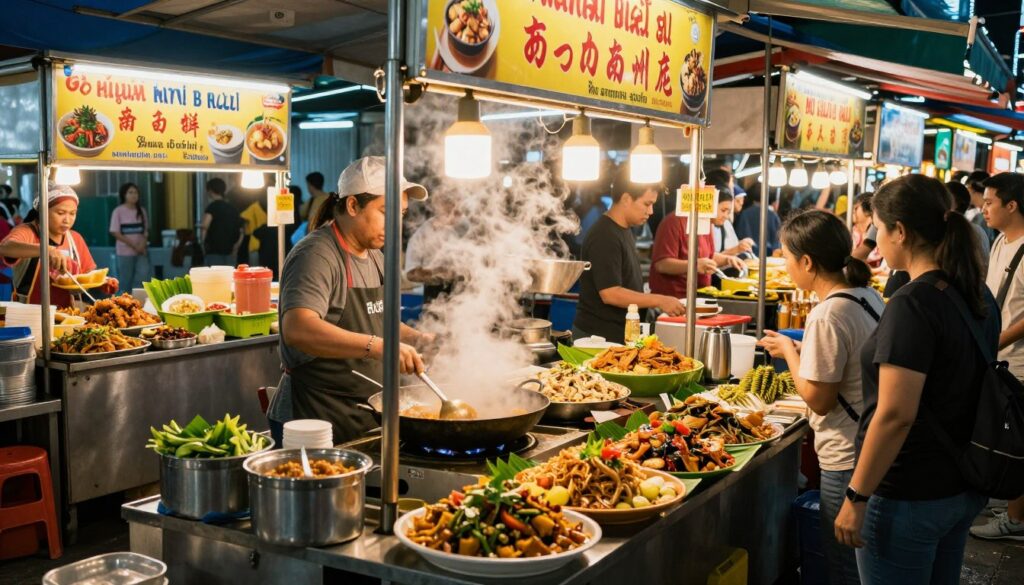 Traditional Malaysian street food market at night in Kuala Lumpur