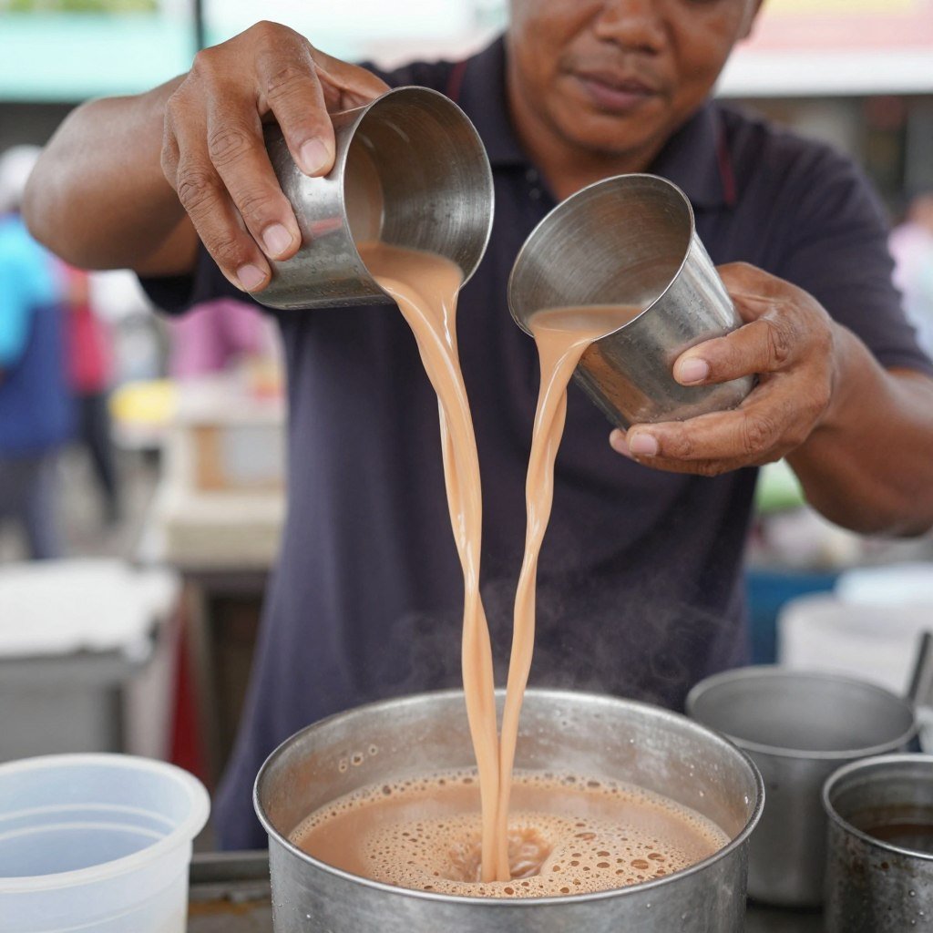 Traditional Malaysian teh tarik being poured between cups