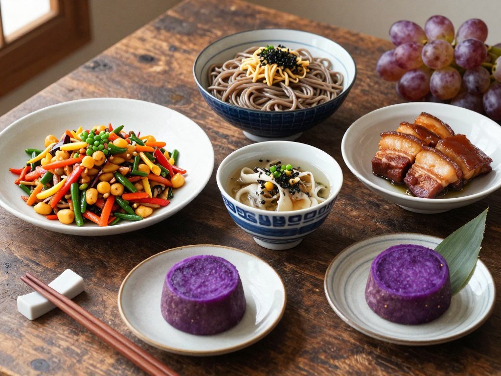 Traditional Okinawan dishes arranged on table Traditional Okinawan dishes arranged on table