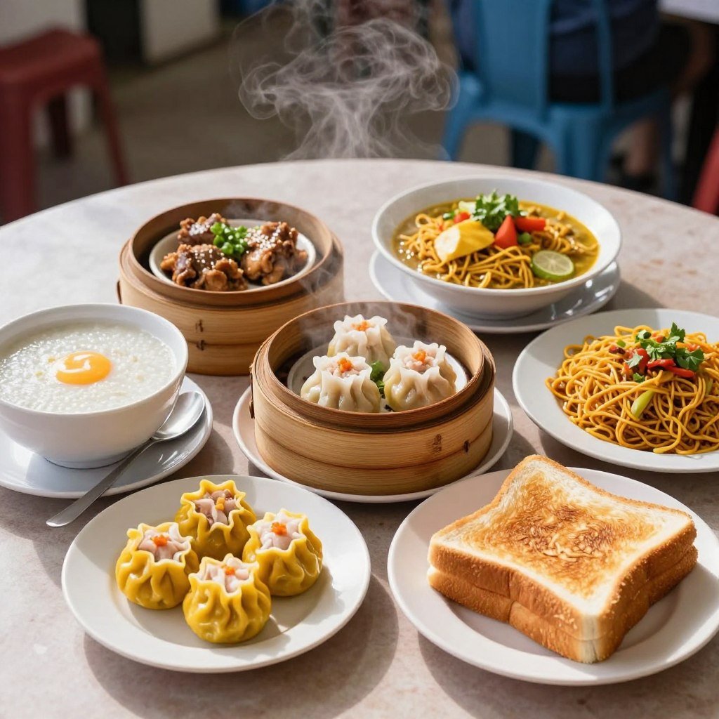 Traditional Penang breakfast spread with multiple dishes