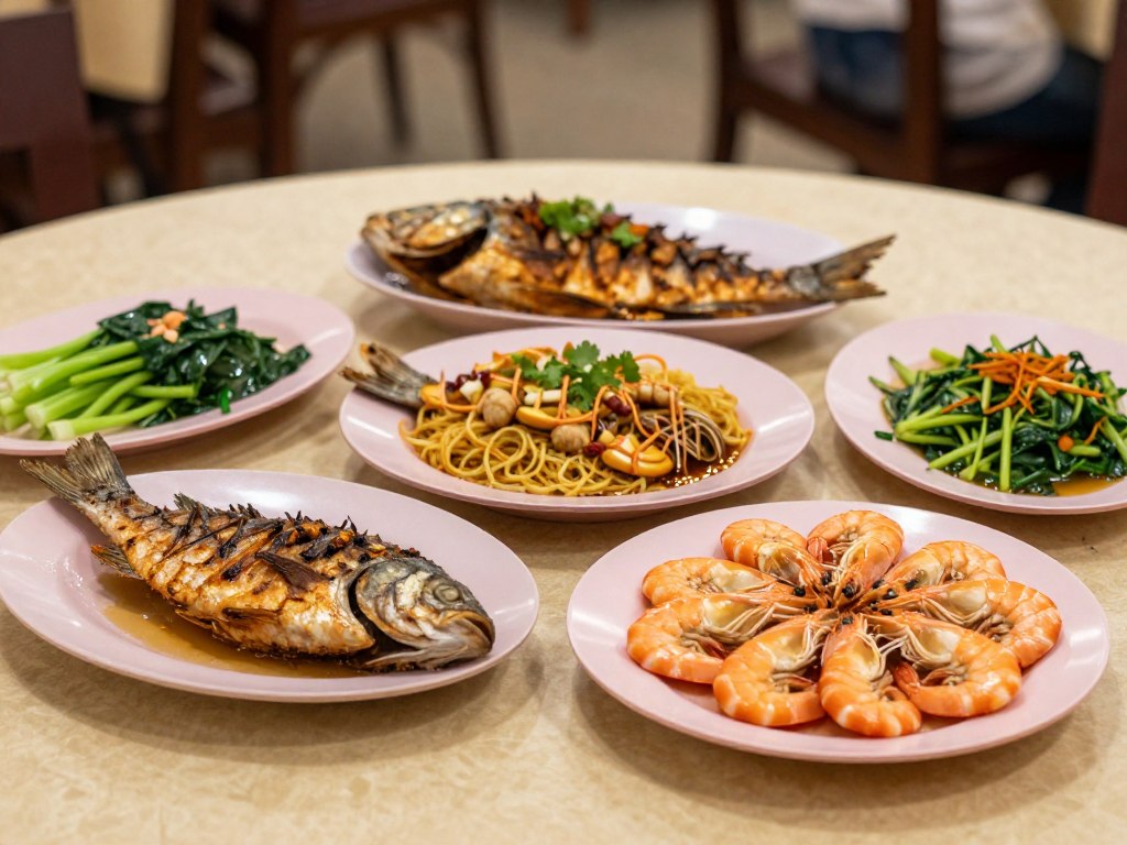 Traditional Sabah seafood dishes on table at local restaurant in Kota Kinabalu