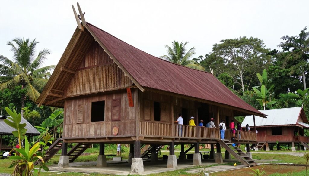 Traditional Sarawak longhouse with visitors