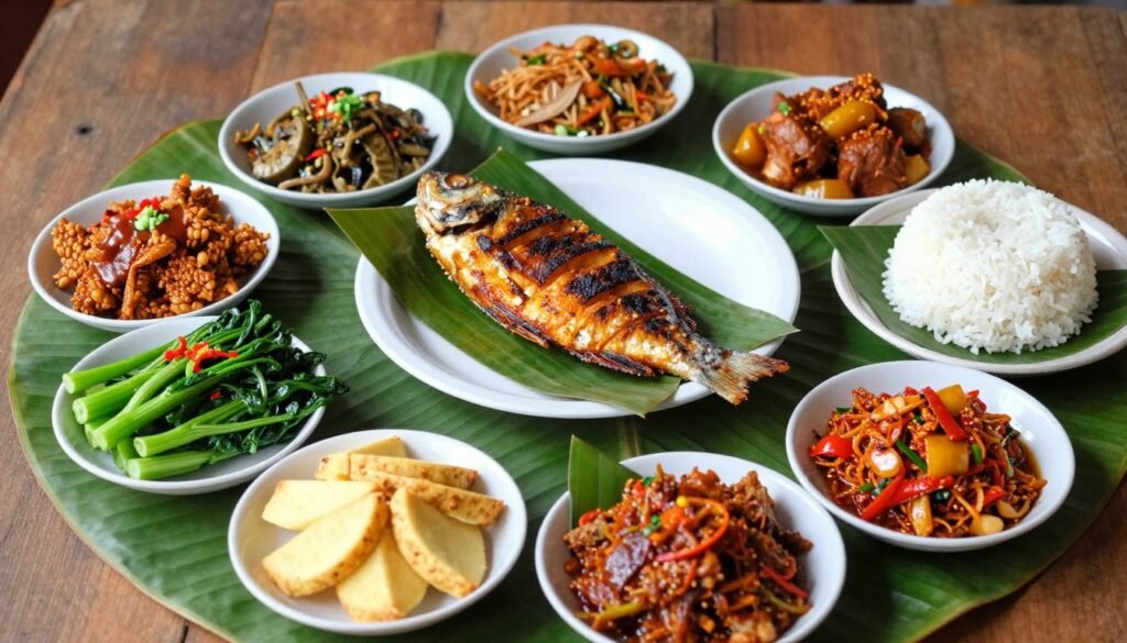 Traditional Sundanese dishes displayed on banana leaves
