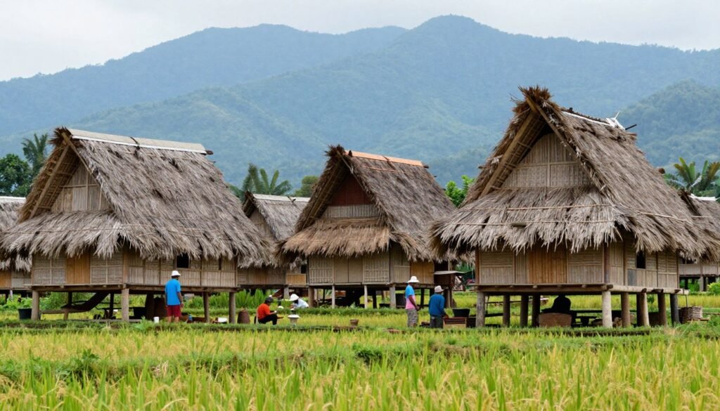Traditional Sundanese village with bamboo houses and rice paddies