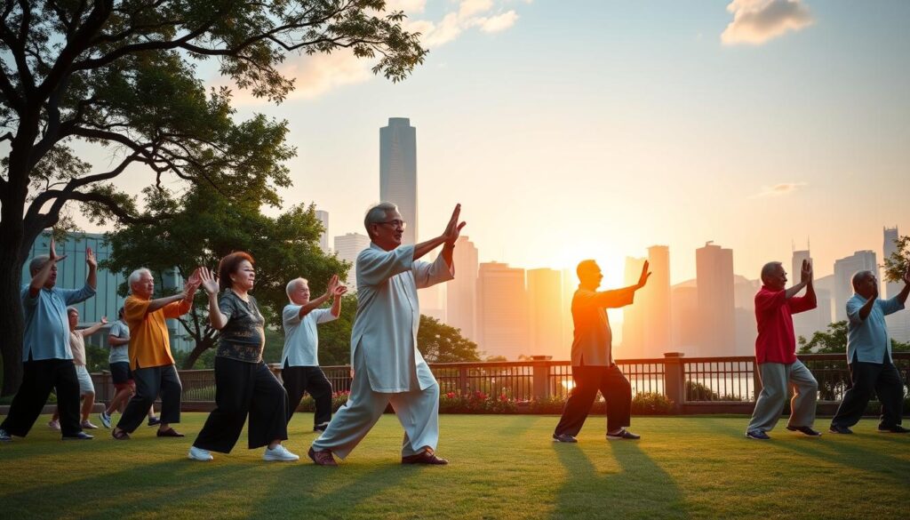 Traditional Tai Chi practitioners in a Hong Kong park at dawn, cultural experience in a Hong Kong travel guide