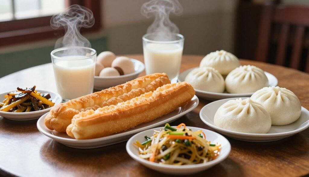 Traditional Taiwanese breakfast spread with soy milk and various dishes Traditional Taiwanese breakfast spread with soy milk and various dishes