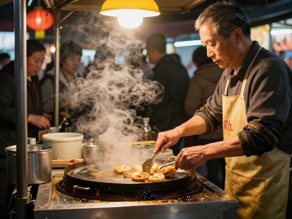 Traditional Taiwanese street food vendor preparing food at a night market stall with customers waiting