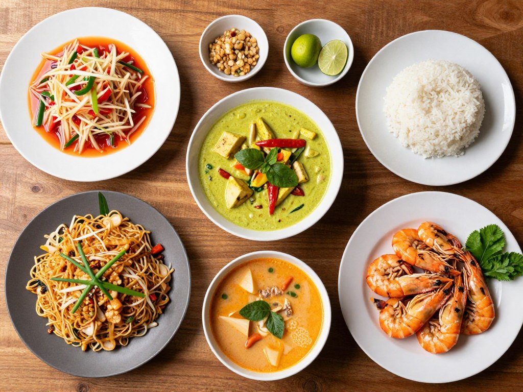 Traditional Thai dishes including pad thai, green curry and fresh seafood