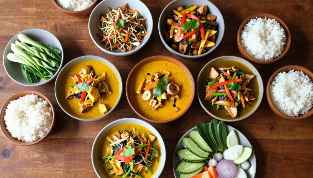 Traditional Thai home cooking served family style on wooden table