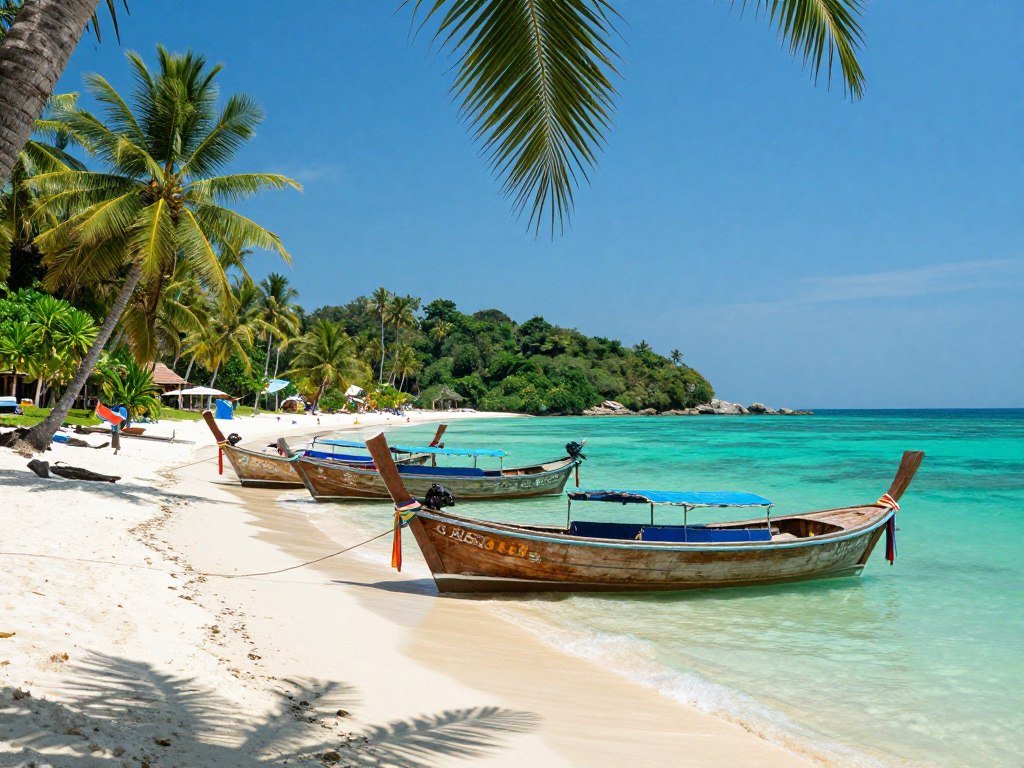 Traditional Thai longtail boats on Chaweng Beach with palm trees