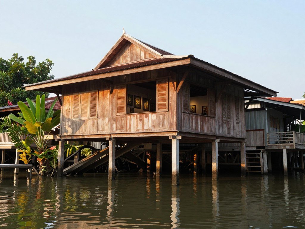 Traditional Thai wooden house on stilts over canal serving as art gallery and puppet theater