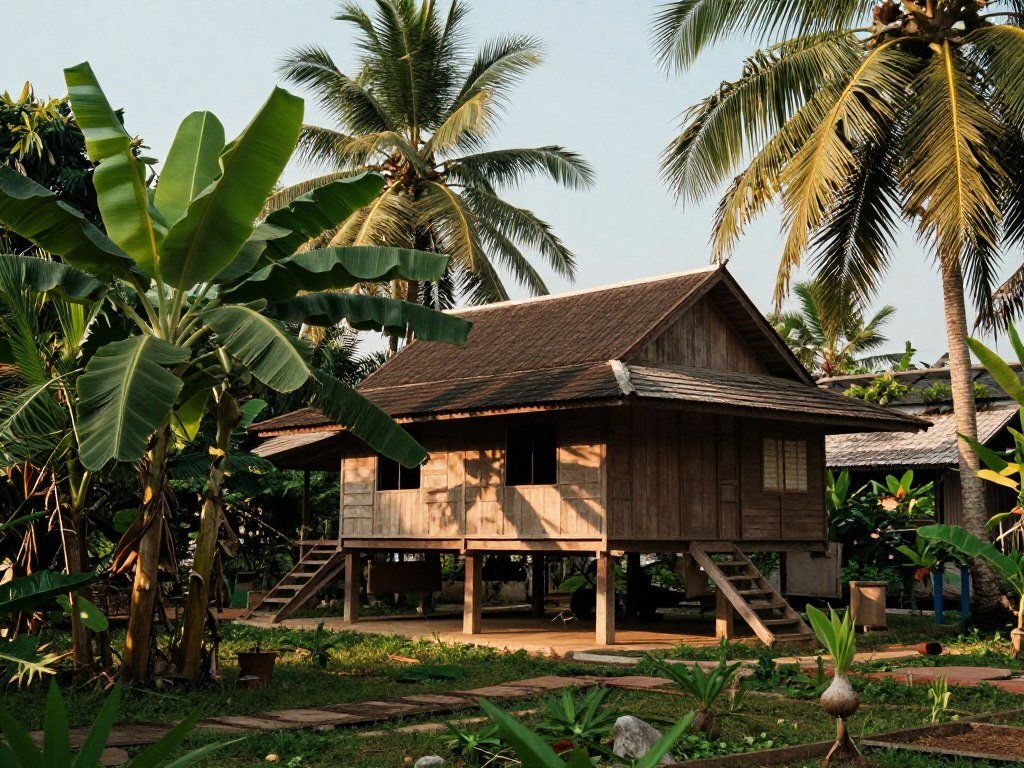 Traditional Thai wooden house on stilts surrounded by tropical garden in Bang Krachao