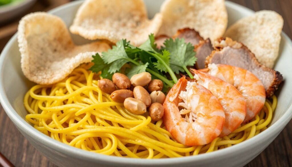 Traditional Vietnamese Mi Quang noodles with herbs, peanuts and shrimp