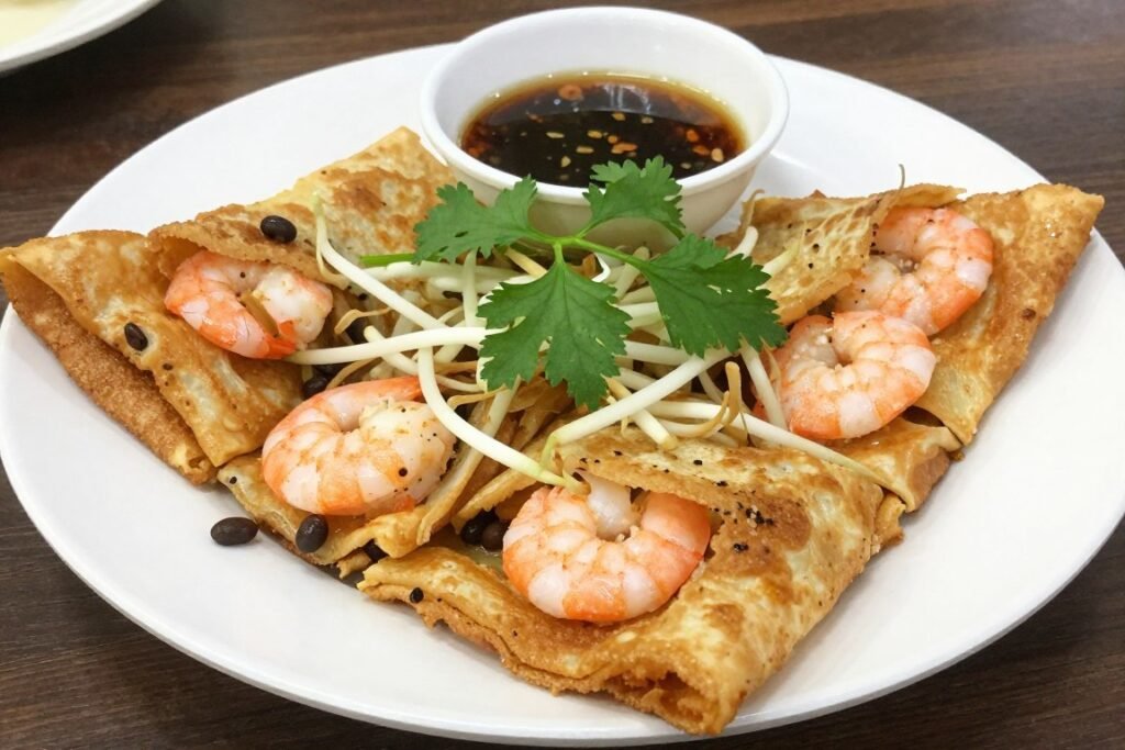 Traditional Vietnamese banh xeo pancake served at local Mui Ne restaurant
