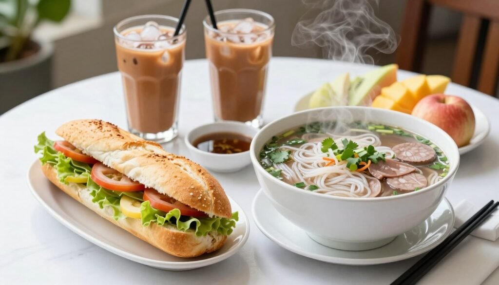 Traditional Vietnamese breakfast spread with pho, banh mi and coffee