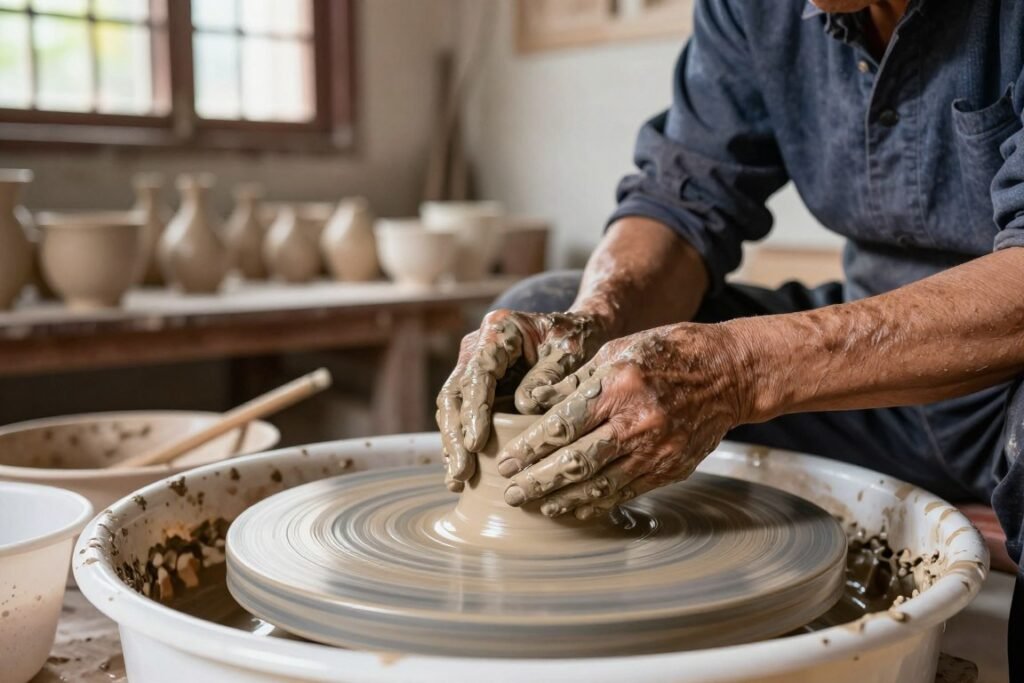 Traditional Vietnamese ceramic workshop with potter creating handmade pottery on wheel