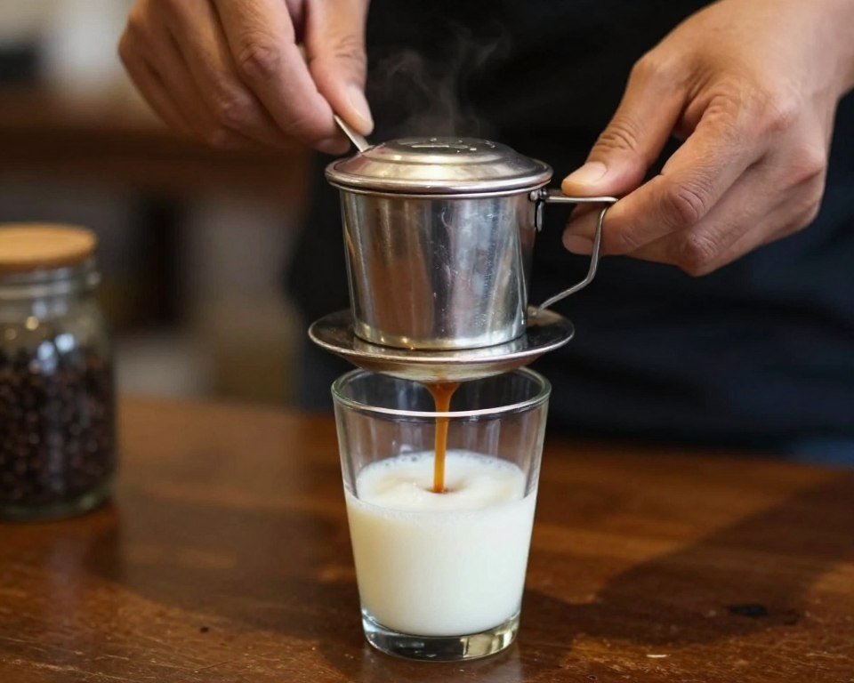 Traditional Vietnamese coffee drip preparation Traditional Vietnamese coffee drip preparation