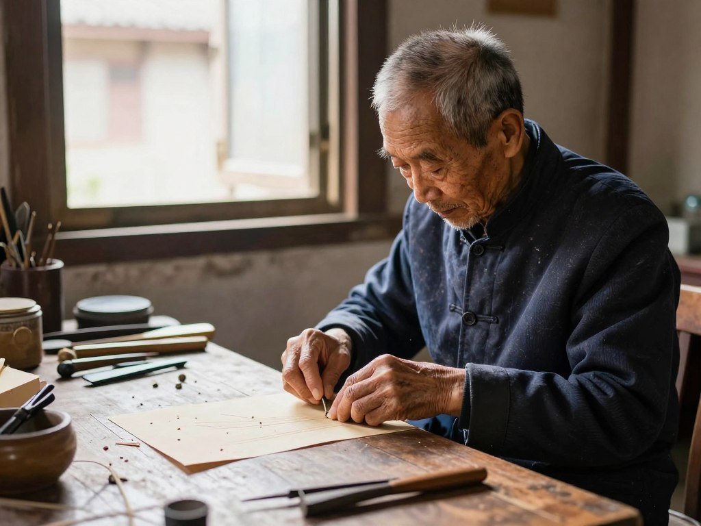 Traditional Vietnamese craftsman working in Hanoi workshop with authentic tools and handmade products