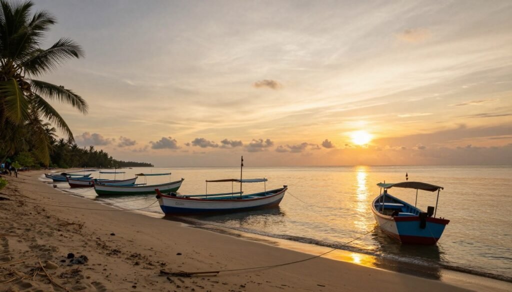 Traditional Vietnamese fishing boats on Phu Quoc beach at sunset